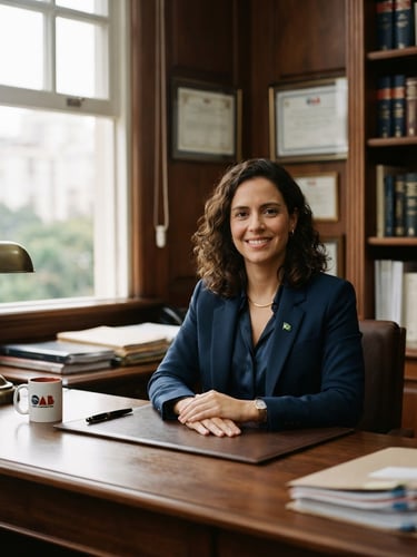 Professional environmental portrait of a Brazilian attorney in a warm office setting, soft window daylight, deep navy tones, shallow depth of field, 35mm