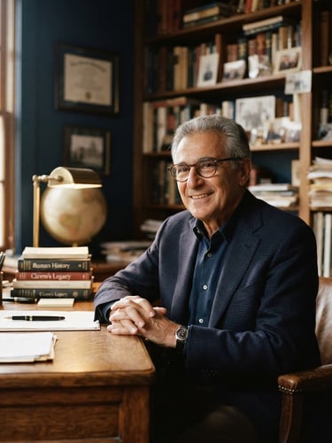 Warm environmental portrait of Dr. Cicero Adriano in his office, soft window daylight, deep navy and rich wood tones, shallow depth of field, 35mm