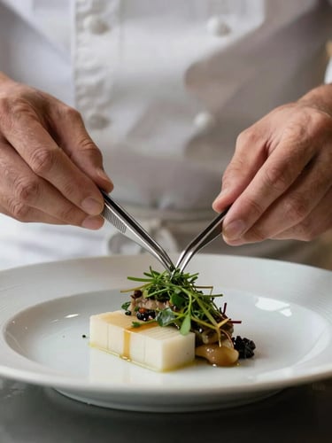 A close-up, dead-on eye-level shot of a chef's hands using precision tweezers to place a delicate herb on an architecturally plated dish, diffused natural light.