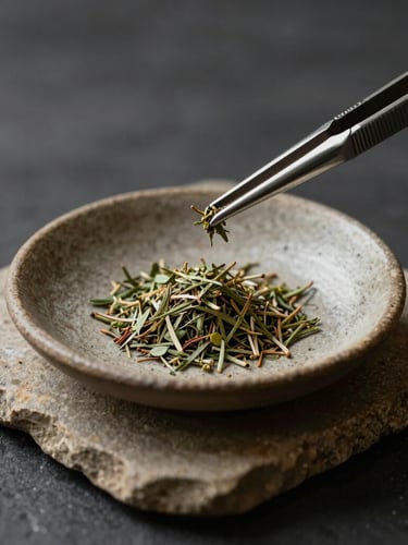 Macro shot of a single, architecturally plated dish on warm stone, low-contrast diffused natural light, sharp focus on the tweezers placing a micro-herb, deep charcoal background.
