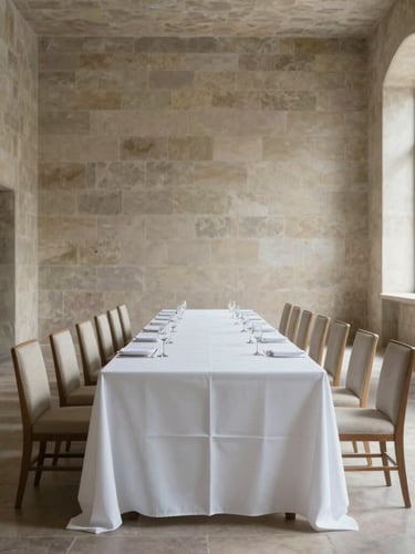 Dead-on eye-level architectural perspective of an empty, perfectly set long banquet table in a minimalist stone hall. Diffused natural light casting soft, clean shadows. No people.