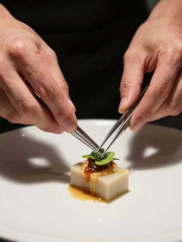 Close-up of chef's hands plating a geometric dish with tweezers, dramatic side lighting, dark moody background