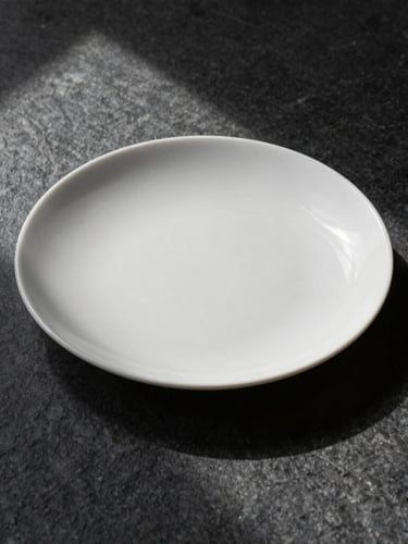 Dead-on eye-level architectural perspective of a single, minimalist plated dish on a dark stone surface, hard directional lighting casting deep shadows