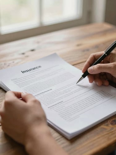 Close-up of hands reviewing insurance documents on a rustic wooden table, soft natural window light, shallow depth of field, warm editorial style