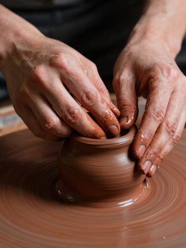 A close-up of dark terracotta clay being shaped by expert hands, dramatic low-key lighting, deep shadows, rich tactile textures, 35mm