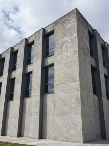 Wide-angle architectural elevation of a concrete and steel facade under cool overcast daylight, sharp shadows, geometric alignment.