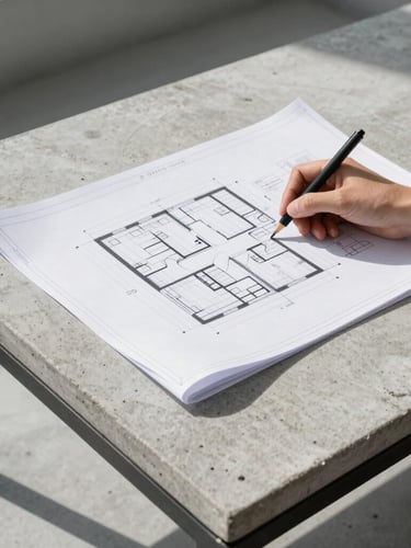 Lead architect reviewing technical blueprint plans on a raw concrete table, high-contrast natural light, sharp shadows, cool overcast daylight, sharp focus
