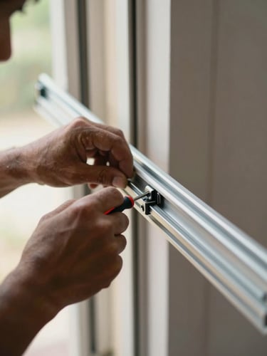 Tight close-up from left edge, a technician's hands adjusting a UPVC sliding door track roller mechanism, natural daylight streaming through the doorway opening, fingers gripping a small screwdriver against a silver aluminium rail, the door frame visible in the shallow background — shot in a real Noida apartment home
