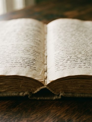 A close-up macro shot of an open linen-bound book on a dark oak table, soft morning window light highlighting the paper texture, warm editorial photography, 35mm