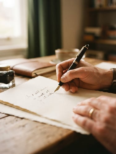 Close-up of hands writing with a classic fountain pen on thick textured paper, soft diffused morning window light, warm editorial tones