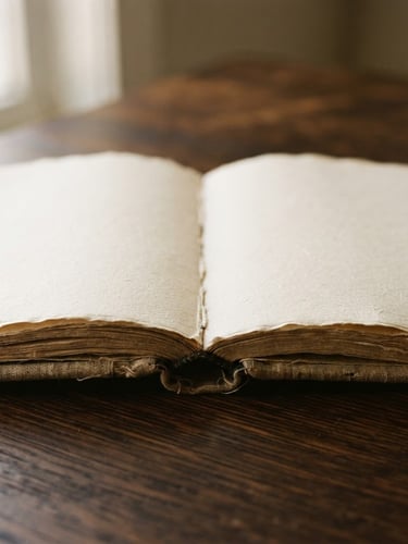 A close-up photograph of an open linen-bound book on a dark oak table, soft morning window light highlighting the paper texture, warm shadows, 35mm.