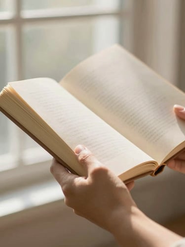 A close-up portrait of hands holding a thick, open thread-sewn book with cream-colored deckled edges, warm morning light revealing the rich paper texture.