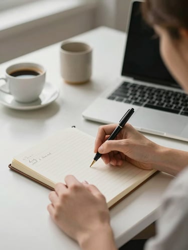 Close-up of a woman's hands writing notes in a notebook beside an open laptop, office desk with a coffee cup, warm natural office light from the left, clean and structured workspace, documentary style
