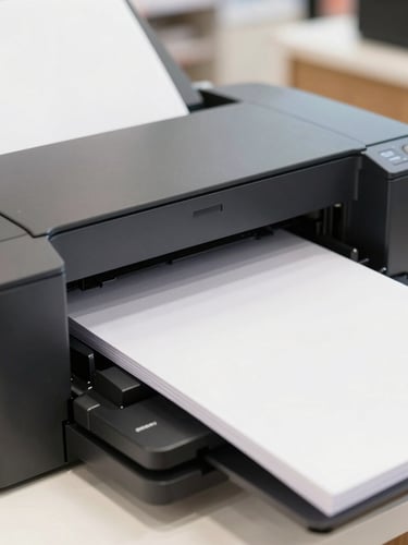Close-up of a high-quality laser printer output tray with freshly printed, crisp black and white pages sliding out, clean retail store environment, natural light
