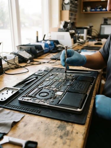 A clean, well-lit technical repair workbench with a precision screwdriver, open laptop showing internal circuits, bright natural indoor store lighting, high contrast, 35mm