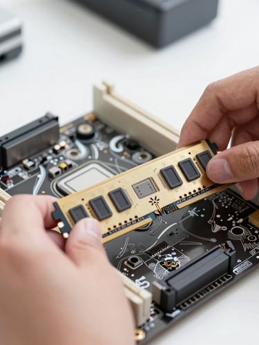 Close-up of hands carefully installing RAM into a motherboard slot under bright, clean workshop light, 35mm crisp technical photography.