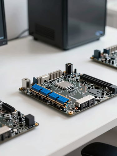 Crisp technical photography of a modern IT workbench, neatly organized tools, a motherboard with blue RAM sticks, bright natural light, 35mm