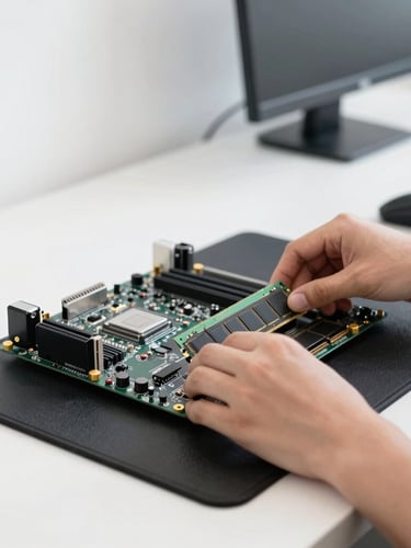 A crisp 35mm photograph of a clean, well-lit IT workspace in St. Augustine, hands installing RAM into a motherboard on an anti-static mat, bright natural light.
