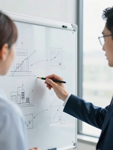 Close-up of professional team members collaborating around a whiteboard with clean digital sketches, bright high-key natural daylight, sharp focus.
