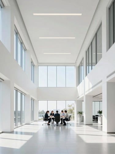 Wide shot of a bright, modern architectural office with high ceilings and natural window daylight, clean geometric lines, professional team collaborating around a table in the distance.