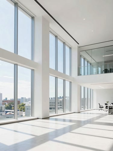 Wide environmental shot of a modern architectural office space with abundant natural light, sharp focus, 35mm lens, high-key natural daylight, clean white and blue tones.