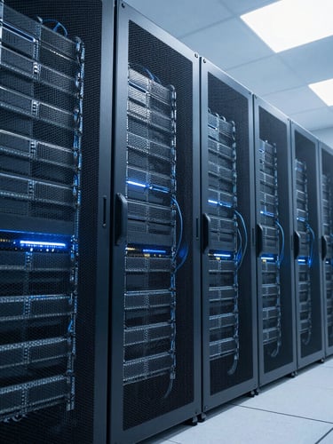 Wide-angle architectural perspective of a state-of-the-art data center, cool blue and white lighting, clean cable management, sharp focus on server hardware, 35mm