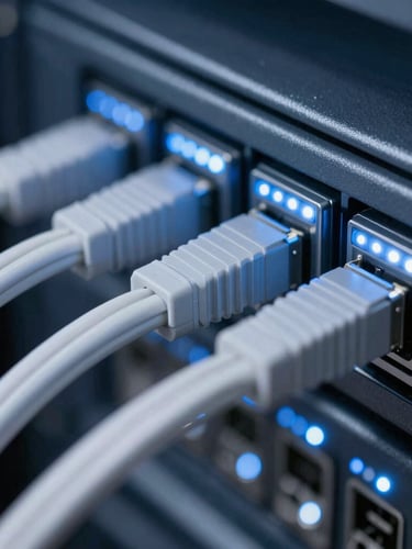 Macro close-up of clean cable management in a server rack, blue and white LED status lights blinking, crisp technical focus, sleek technology photography