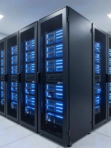 Wide-angle architectural perspective of a modern high-security data center, cool blue terminal screen glow on server racks, sharp technical lighting, 35mm
