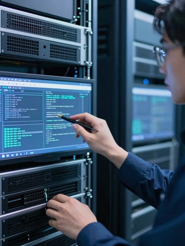 Close-up of a professional network engineer analyzing terminal screens in a server room, cool blue lighting, sharp focus, technical aesthetic