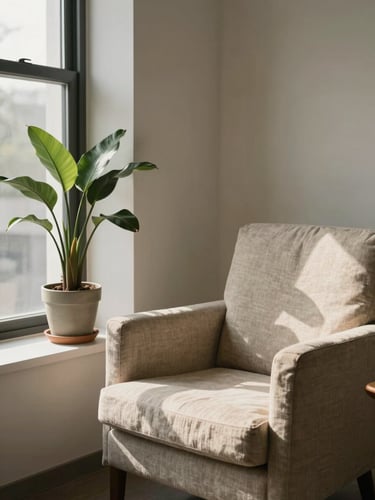Close interior shot of a calm counseling office, a leafy potted plant on a windowsill to the left, soft north-facing daylight washing across a linen armchair, warm and still atmosphere, no people present