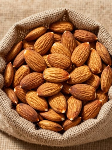 Top-down flat lay of premium whole almonds in rustic burlap sacks, bright natural daylight, high contrast texture