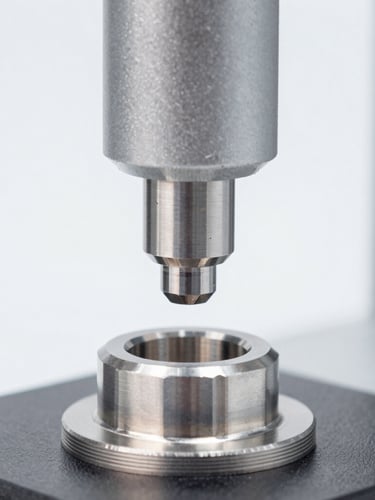 Close-up shot of a coordinate measuring machine probe measuring a small high-precision forged metal component, cool studio lighting.