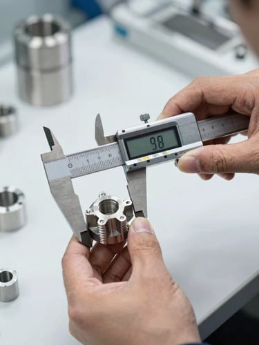 A quality assurance engineer in a clean industrial facility using digital calipers to measure a small forged metal component, high detail, cool lighting