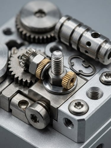 Extreme close-up macro shot of small, highly precise machined metal parts on a clean gray background, cool industrial studio lighting, metallic steel tones, high detail.