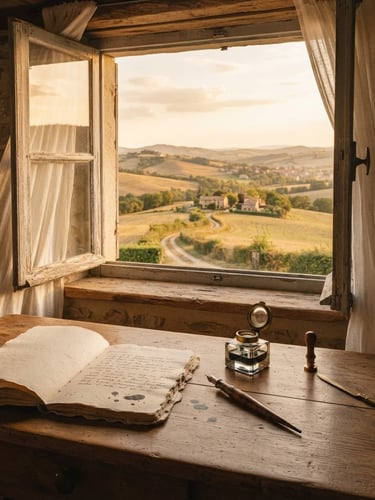 Nostalgic golden-hour countryside, a rustic wooden table with an antique inkwell, fountain pen, and textured paper near an open window overlooking sun-drenched rolling hills, 35mm film aesthetic, warm tones