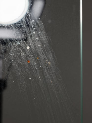 Close-up detail shot of a glass pane surface under raking studio strobe light revealing mineral deposit haze and calcium spots on the left half, the right half crystal-clear after treatment, sharp diagonal boundary between the two states