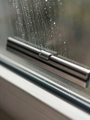 Extreme close-up macro shot of a squeegee blade gliding across a glass pane in bright natural daylight, water beading and sheeting cleanly at the edge, the aluminum frame track visible and spotless at the bottom of the frame