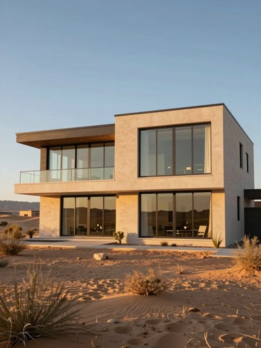 Wide environmental shot of a two-story desert modern home with floor-to-ceiling windows gleaming in late-afternoon golden-hour light, clean window mullions casting sharp shadows, no people visible, expansive desert landscaping in the foreground