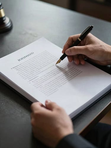 Close-up of attorney hands holding a legal dossier open on a dark desk, fountain pen resting on document, cool directional studio light from the left creating sharp shadows on the paper, high contrast, no faces visible, deliberate and controlled composition