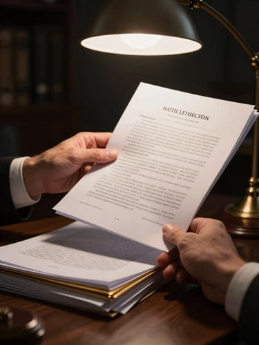 Close medium shot of an attorney's hands reviewing dense legal case files under focused desk lamp light, dark background, gold-toned paper edges visible, deliberate and unhurried composition