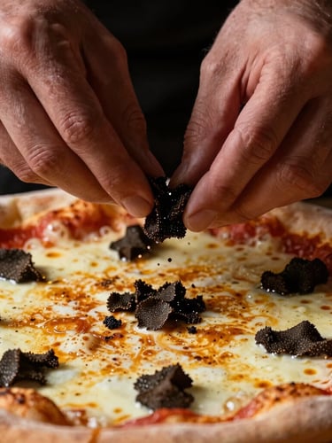 Extreme macro close-up of a pizza being prepared, a chef's hands delicately shaving black truffles onto a glistening, bubbling cheese topping, dramatic chiaroscuro lighting, shallow depth of field.