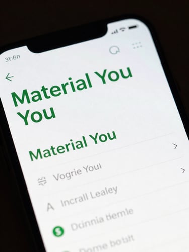 Macro straight-on shot of an Android device screen displaying a dark-mode Material You interface with clean terminal green typography, sharp focus, high-contrast screen glow against deep shadows.