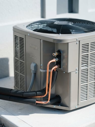 Close-up of a modern high-efficiency HVAC condenser unit, crisp copper piping, clean architectural lines, bright Florida daylight