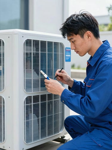 A professional technician with precise tools diagnosing a clean residential cooling system, bright natural daylight, crisp cool blue tones