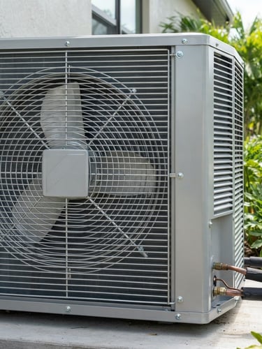 Close-up of a clean modern outdoor HVAC condenser unit, bright Florida daylight, crisp metallic details, sharp focus, 35mm