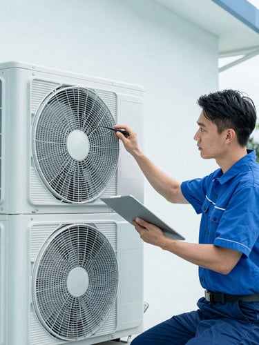 Clean commercial photography of a professional technician in a clean uniform inspecting a modern outdoor AC unit under bright Florida daylight, crisp cool blue tones, 35mm