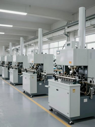 Wide-angle architectural shot of a clean, organized factory floor, modern machinery, bright cool industrial daylight, high-contrast neutral tones
