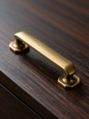 Macro photographic close-up of brushed brass architectural cabinet handles resting on a dark wood-grain laminate sheet, dramatic side-lighting casting deep shadows, shallow depth of field.