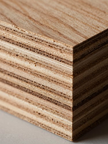 Extreme macro shot of multi-layered calibrated plywood cross-section, showing precise uniform veneer layers, dramatic side-lighting on rich timber grains, shallow depth of field.
