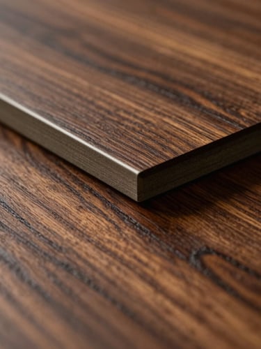 Extreme macro photograph of rich wood-grain laminate, dramatic side-lighting emphasizing the deep tactile grooves and warm timber tones, shallow depth of field.